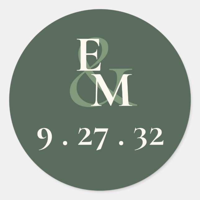 Minimalist Script Highland Moss Green Initials  Classic Round Sticker (Front)