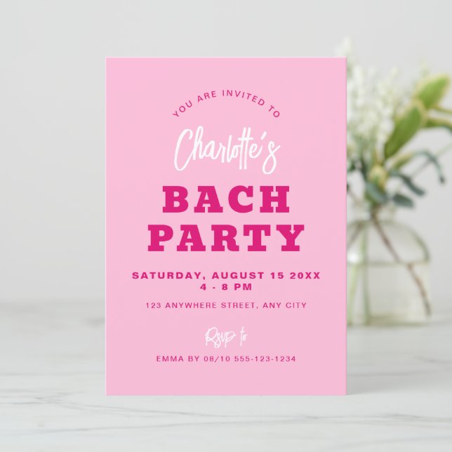 Minimalist Script Hot Pink Modern Bach Party Invitation (Standing Front)