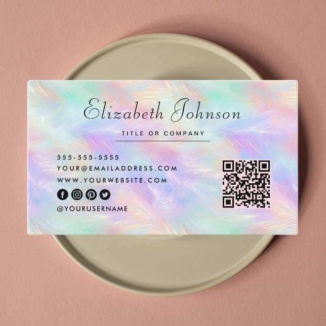 Minimalist Script Iridescent Opal Stylish Qr Code Business Card (Creator Uploaded)