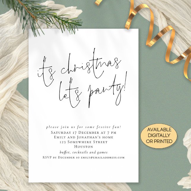 Minimalist Script Its Christmas Lets Party Invitation (Available digitally and printed)
