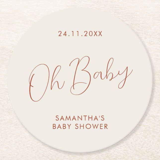 Minimalist Script ivory Baby Shower day Round Paper Coaster (Front)
