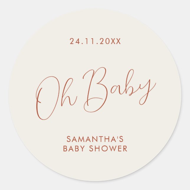 Minimalist Script ivory Oh Baby Shower Classic Round Sticker (Front)