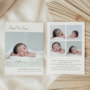 Minimalist Script Lettering 5-Photo Baby Birth Announcement