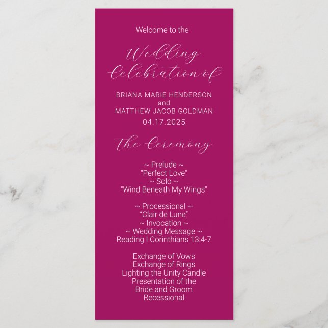 Minimalist Script Magenta Wedding Program (Front)