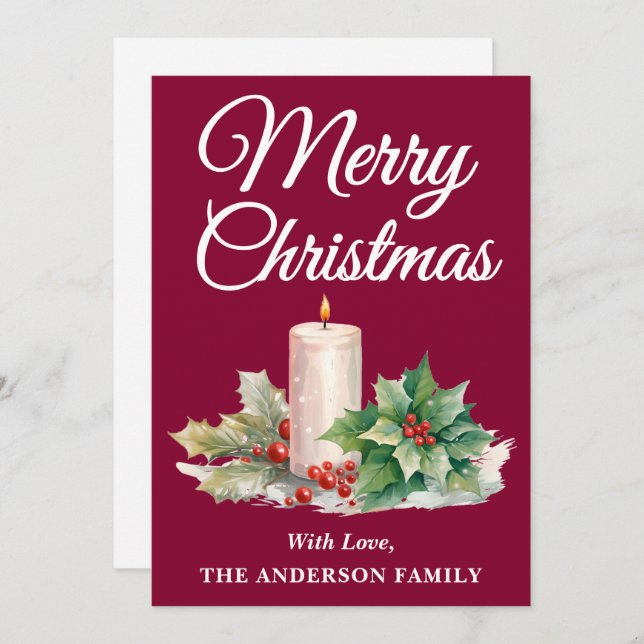 Minimalist Script Merry Christmas Burgundy Holiday Card (Front/Back)
