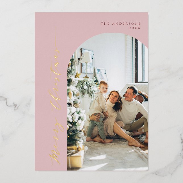 Minimalist Script Merry Christmas Photo Dusty Pink Foil Holiday Card (Front)