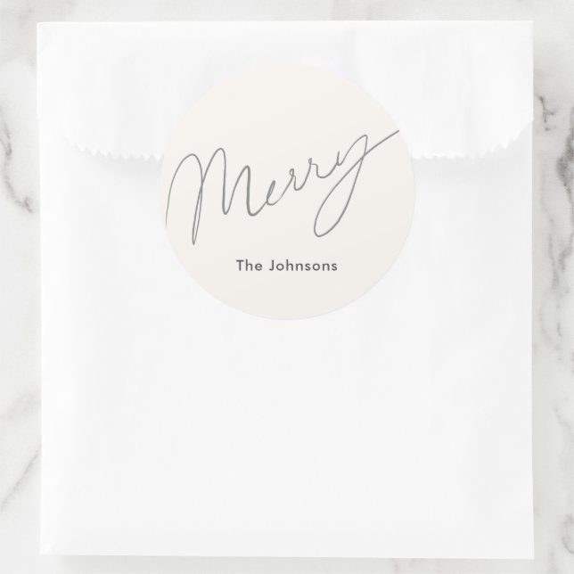 Minimalist Script Merry Cream White Holiday Classic Round Sticker (Bag)