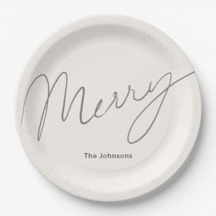 Minimalist Script Merry Cream White Paper Plate