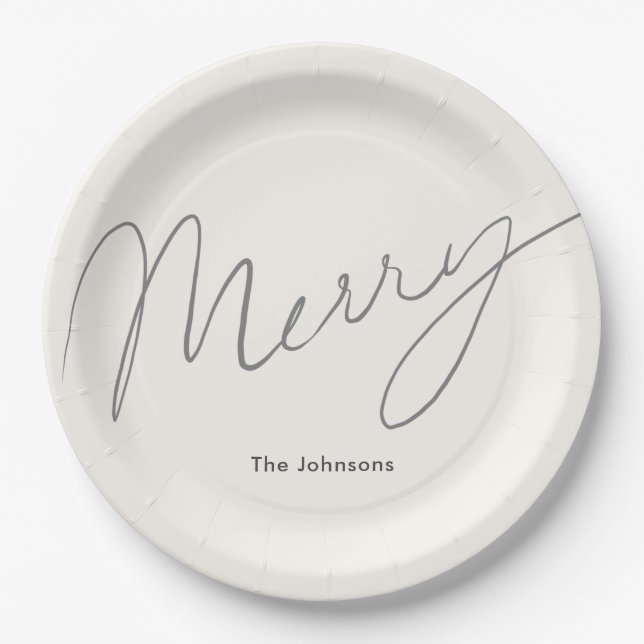 Minimalist Script Merry Cream White Paper Plate (Front)