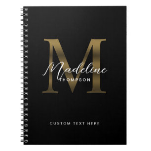 Minimalist Script Metallic Black Gold Monogram Notebook