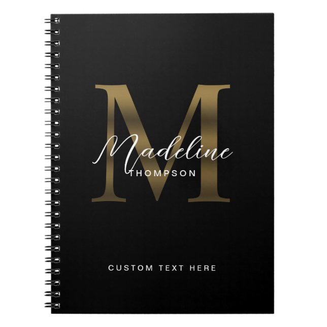 Minimalist Script Metallic Black Gold Monogram Notebook (Front)