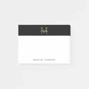Minimalist Script Metallic Black Gold Monogram Post-it Notes