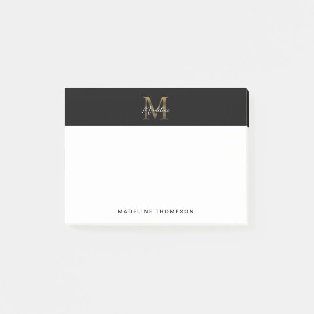 Minimalist Script Metallic Black Gold Monogram Post-it Notes (Front)