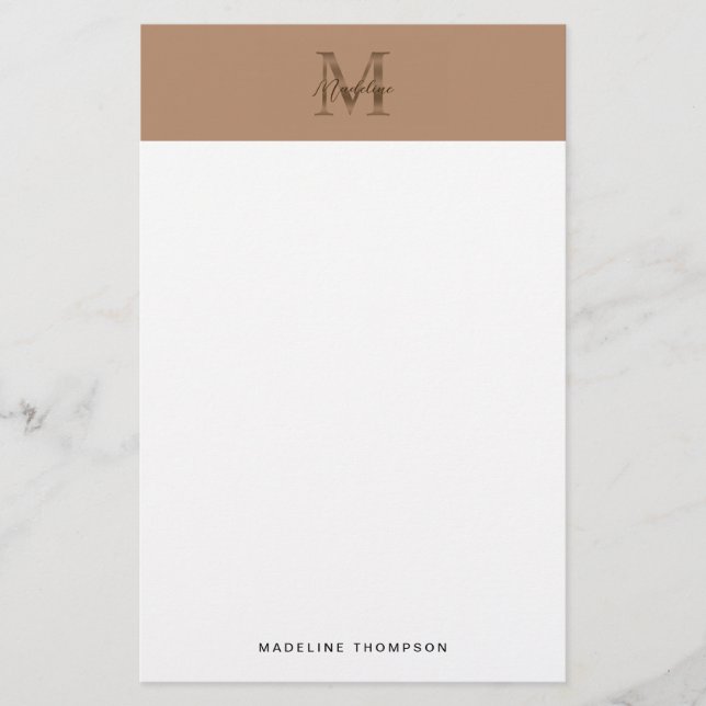 Minimalist Script Metallic Taupe Gold Monogram Stationery (Front)