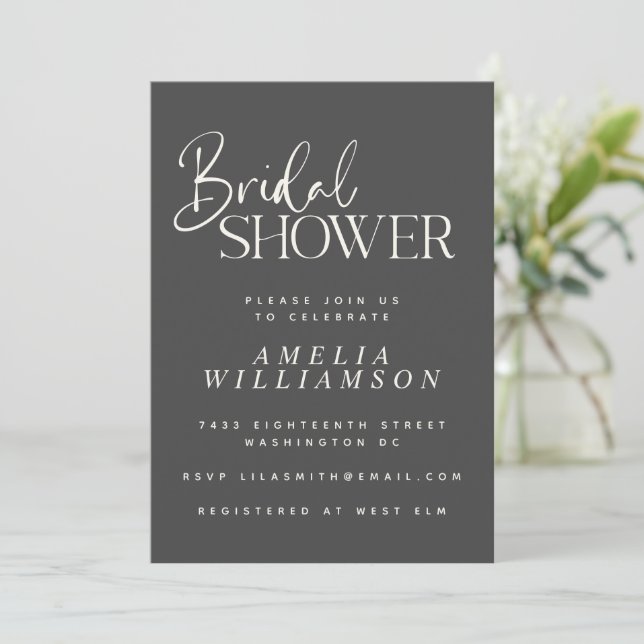 Minimalist Script Modern Black White Bridal Shower Invitation (Standing Front)