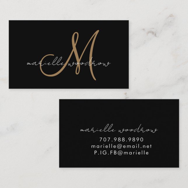 Minimalist Script Monogram Black Gold Calling Card (Front/Back)