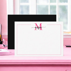 Minimalist Script Monogram Border Hot Pink Black Card