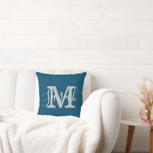 Minimalist Script Monogram Name Blue & White Cushion