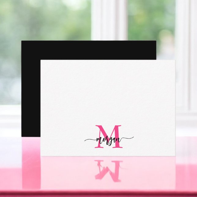 Minimalist Script Monogram Name Hot Pink Black Card (Creator Uploaded)