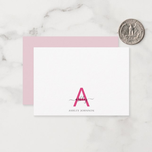 Minimalist Script Monogram Name Hot Pink Card (Front/Back In Situ)