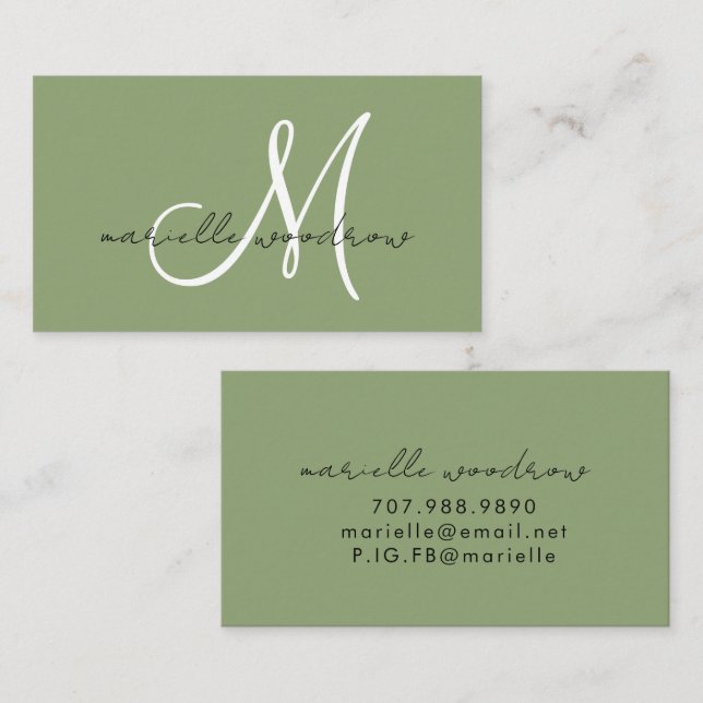 Minimalist Script Monogram Sage Green Calling Card (Front/Back)