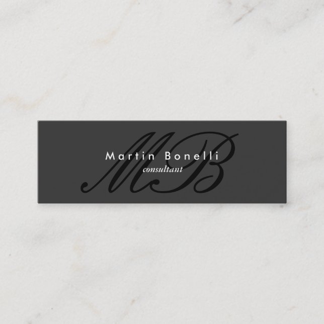 Minimalist Script Monogram Slim Grey Business Card (Front)