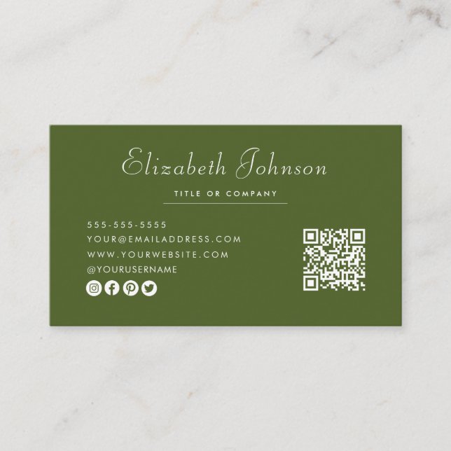 Minimalist Script Moss Green Qr Code Professional Business Card (Front)