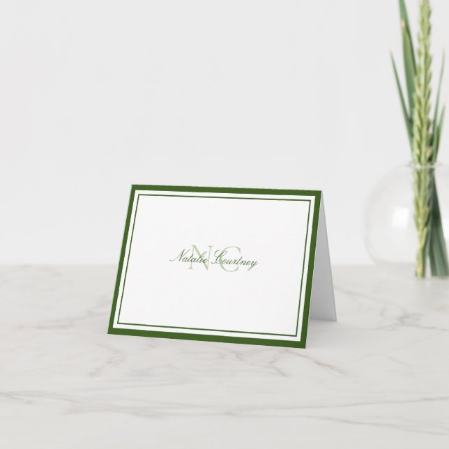 Minimalist Script Moss Green Two Border Monogram Note Card (Front)