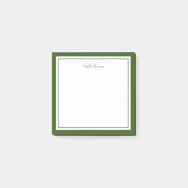 Minimalist Script Moss Green Two Border Monogram Post-it Notes (Front)