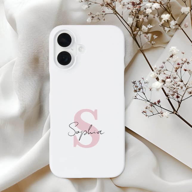 Minimalist Script Name and Pink Monogram Initial iPhone 16 Case (Creator Uploaded)