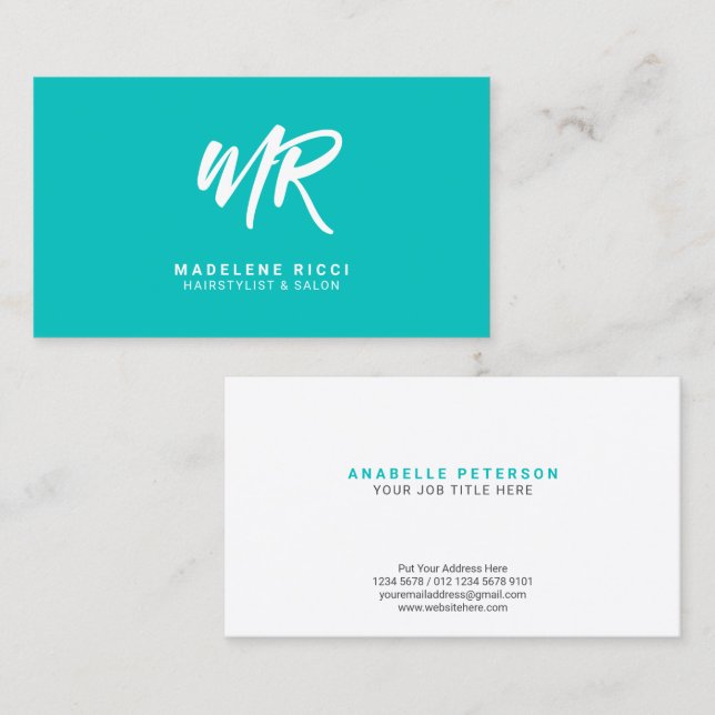 Minimalist Script Name Initial | Green Tosca Business Card (Front/Back)