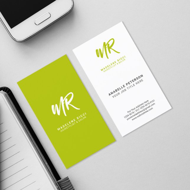 Minimalist Script Name Initial | Lime Green Business Card (Creator Uploaded)