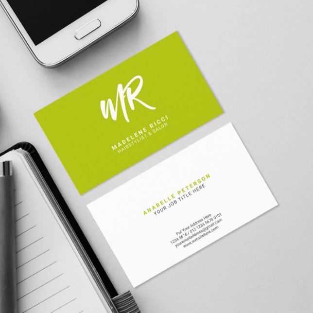 Minimalist Script Name Initial | Lime Green Business Card (Creator Uploaded)
