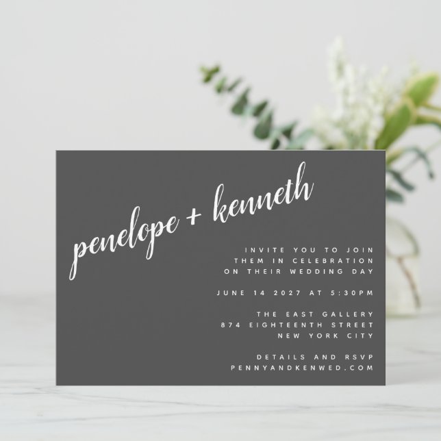 Minimalist Script Names Modern Wedding | Black Invitation (Standing Front)