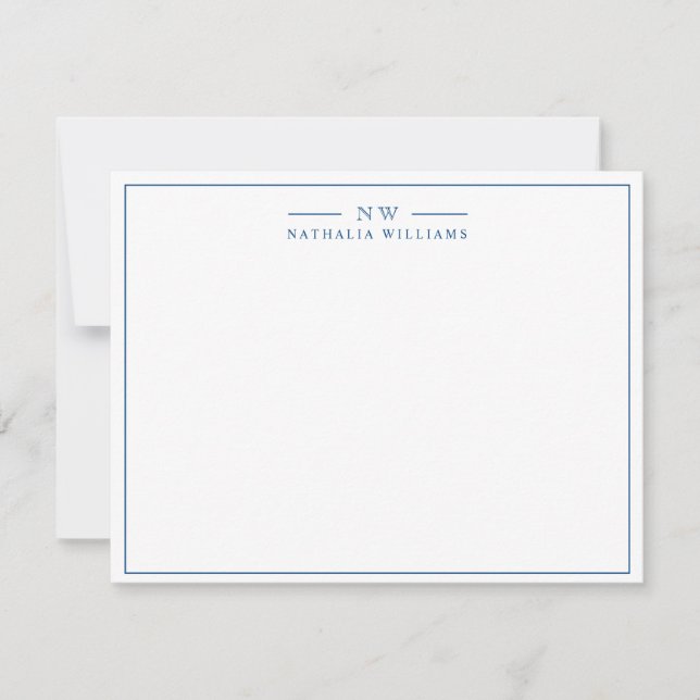 Minimalist Script Navy Blue Border Monogram Card (Front)
