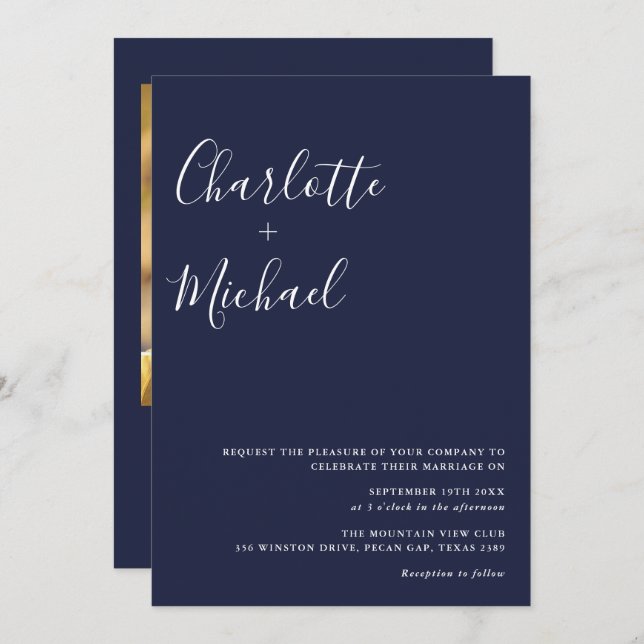 Minimalist Script Navy Blue Photo Wedding Invitation (Front/Back)