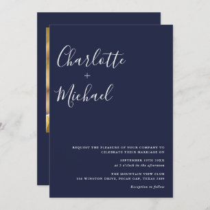 Minimalist Script Navy Blue Photo Wedding Invitation