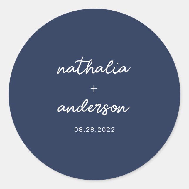 Minimalist Script Navy Blue Wedding Classic Round Sticker (Front)