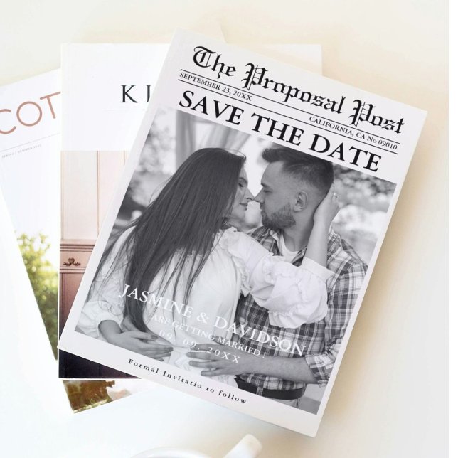 Minimalist script newspaper wedding save the date invitation (Creator Uploaded)