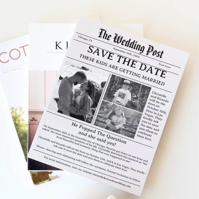 Minimalist script newspaper wedding save the date  invitation (Creator Uploaded)