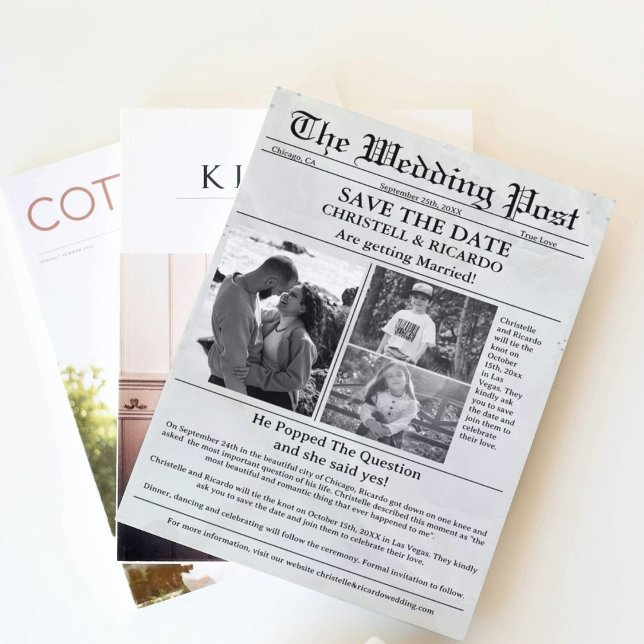 Minimalist script newspaper wedding save the date invitation (Creator Uploaded)