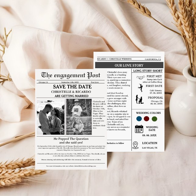 Minimalist script newspaper wedding save the date invitation (Creator Uploaded)