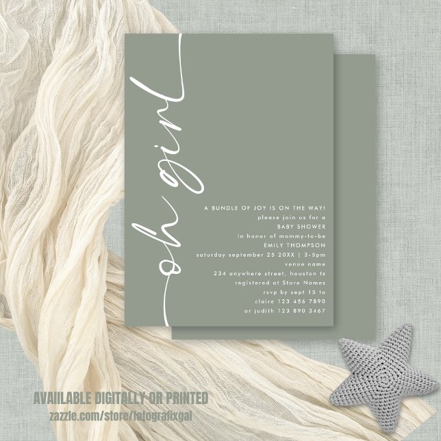 Minimalist Script Oh Girl Sage Baby Shower Invitation (Available digitally and printed)