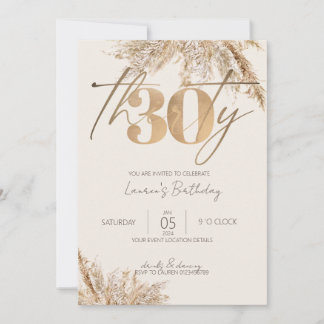 Minimalist Script Pampas Grass Gold 30th Birthday Invitation