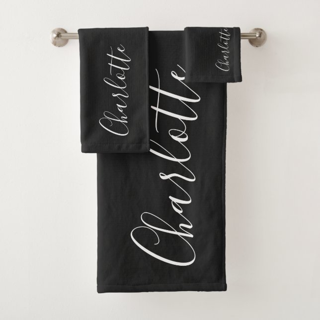 Minimalist Script Personalised Name | Black White Bath Towel Set (Insitu)