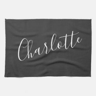 Minimalist Script Personalised Name   Black White  Tea Towel