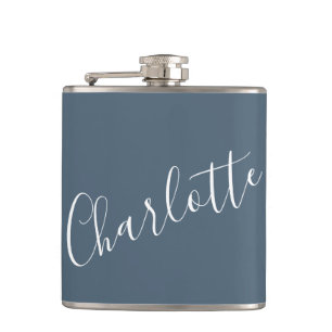 Minimalist Script Personalised Name Dark Blue Hip Flask