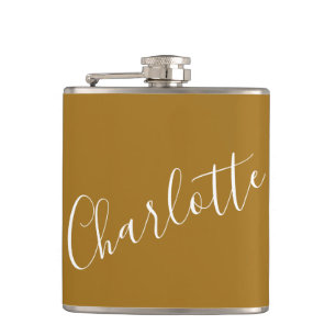 Minimalist Script Personalised Name Ochre Gold Hip Flask