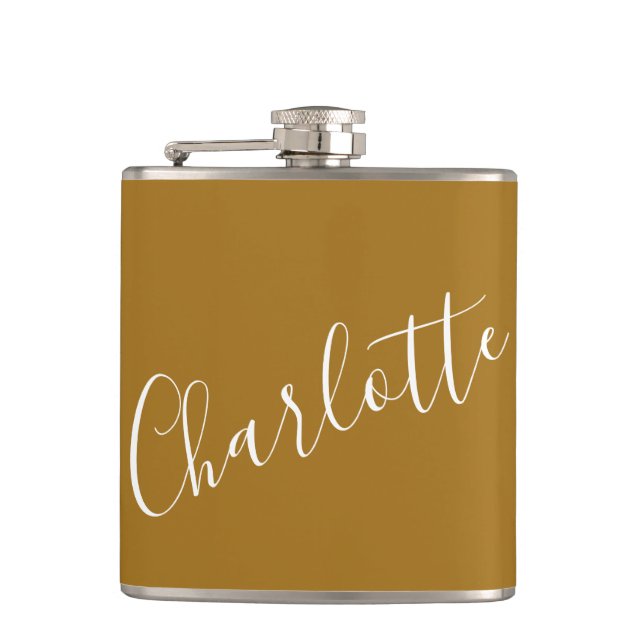 Minimalist Script Personalised Name Ochre Gold Hip Flask (Front)