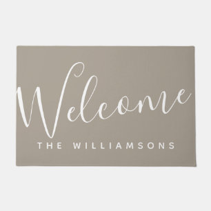 Minimalist Script Personalised Welcome Taupe Brown Doormat